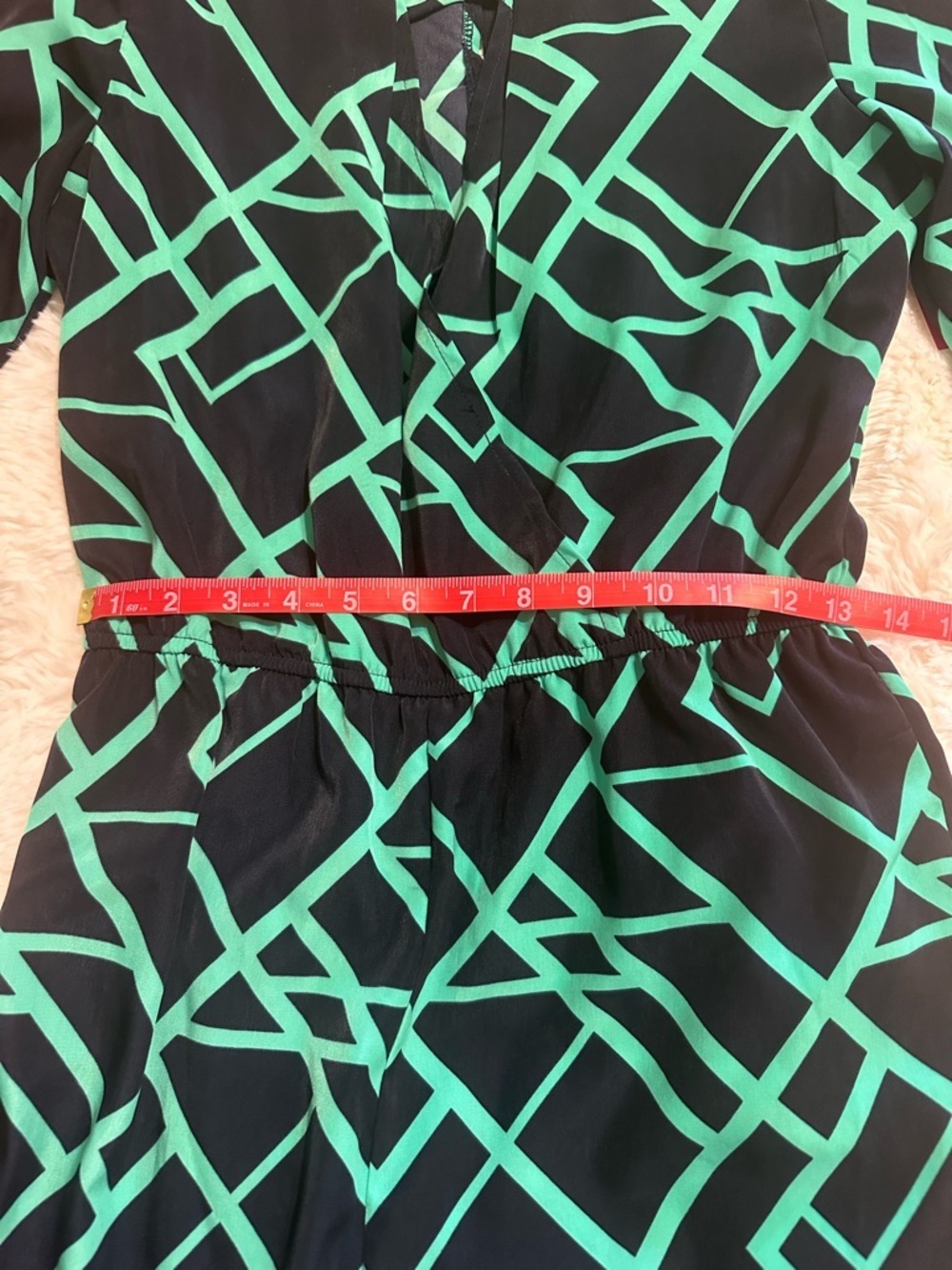 JustFab Romper Small Navy Green Geometric Faux Wrap Long Sleeve NWT - Picture 4 of 12